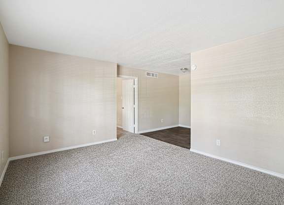 A room with a carpeted floor and a doorway leading to another room.