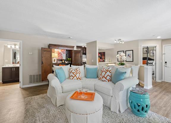 A living room with a white couch and a grey rug.