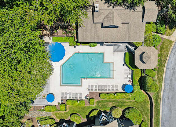 A large swimming pool surrounded by a grassy area and trees.