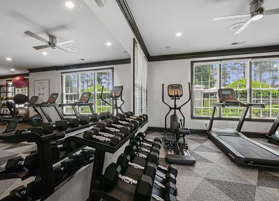 A gym with treadmills, elliptical machines, and weights.