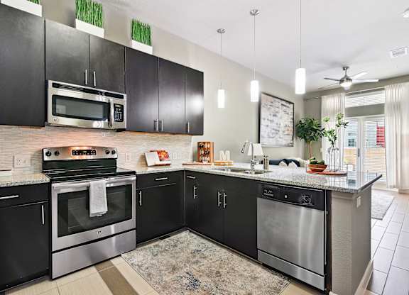 A modern kitchen with black cabinets and stainless steel appliances.