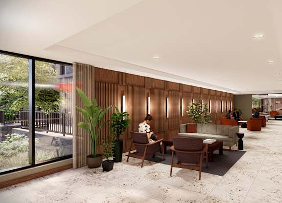 A modern interior space with wooden walls and furniture.