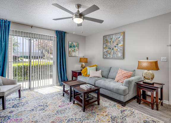 Furnished model apartment's living room at Waters Edge at Harbison