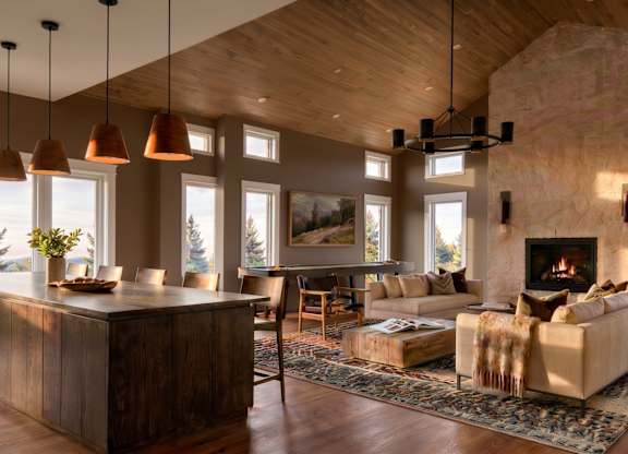 A cozy living room with a fireplace and a large wooden table.