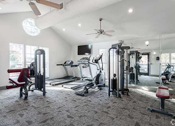 A spacious gym with a variety of equipment including treadmills, weight machines, and a squat rack.