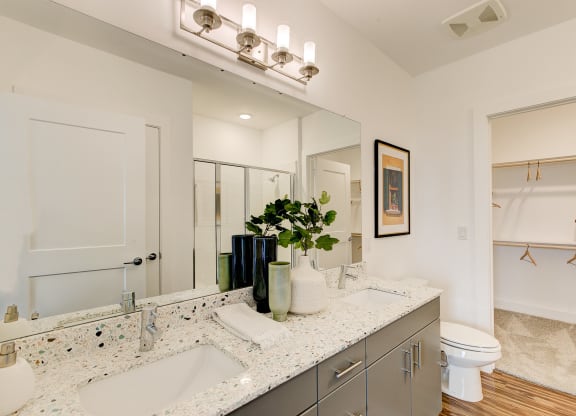 a bathroom with two sinks and a toilet