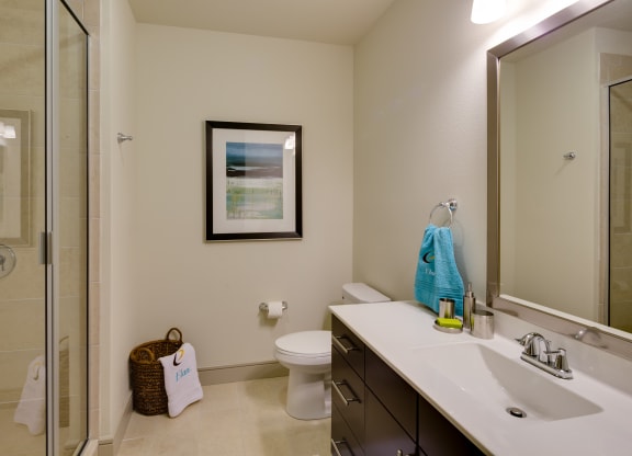 Modern bathroom here at Inspire Apartment Homes with a glass shower on the left, a framed abstract painting above the toilet, and a sleek vanity with a large mirror and turquoise towel.