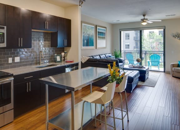 Modern apartment interior here at Inspire Apartment Homes with an open-plan kitchen and living room. Dark cabinets, stainless appliances, large plant, leather sofa, and balcony with blue chairs.