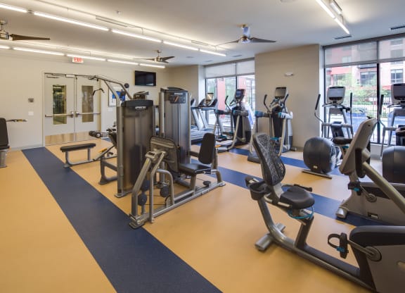 Bright gym interior here at Inspire Apartment Homes with various exercise machines, including ellipticals and weights. Large windows let in natural light, creating an inviting atmosphere.
