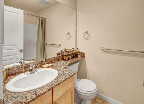 A clean bathroom at Admirals Cove featuring a granite countertop with a single sink, light wood cabinetry, and a large wall mirror. The space includes a toilet, towel bars, and a shower with a curtain. Neutral tile flooring and soft wall tones create a bright, simple, and functional layout.