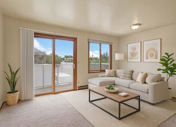 Bright living room at Arbor Pointe with a large beige sectional sofa, wooden coffee table, indoor plants, and sliding glass door leading to a balcony with views of nearby buildings and trees.