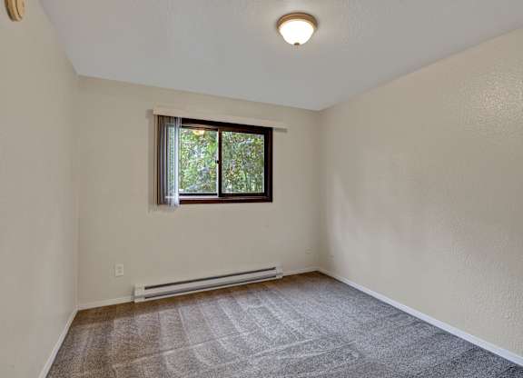 Empty bedroom with beige walls, carpet flooring, and a single window with blinds letting in natural light.