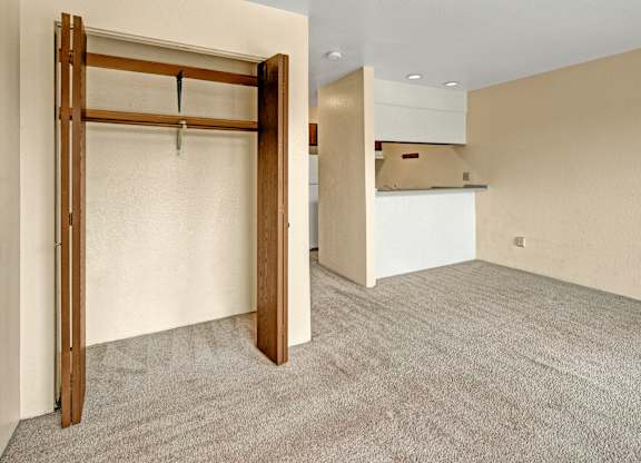 Empty room with beige carpet, bi-fold wooden closet doors open to show a small closet, and a view into a compact kitchen with a white breakfast bar and wood cabinets.