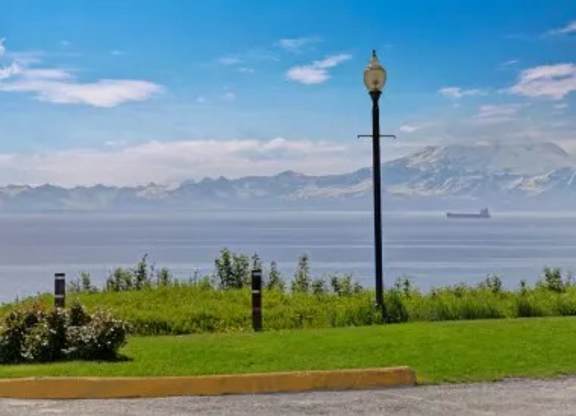A breathtaking oceanfront view at Bay Arms Apartments with lush green lawn, a lamp post, and distant mountains rising over the water. A cargo ship is visible on the horizon, and the clear blue sky adds to the peaceful coastal setting.