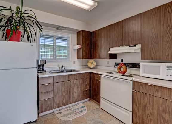 A bright kitchen at Bay Arms Apartments featuring wood cabinets, white countertops, and a double sink beneath a window. The space includes a refrigerator, stovetop and oven, microwave, and coffee maker. Neutral flooring and simple décor create a clean and functional cooking area.