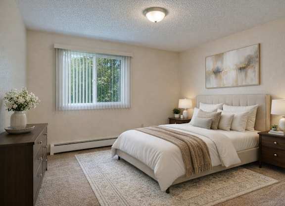 A serene bedroom at Bay Arms Apartments with a cozy bed dressed in white bedding and neutral pillows. Two bedside tables with lamps frame the bed, and a dresser sits to the side with décor. A window with vertical blinds brings in natural light, brightening the carpeted space and soft area rug.
