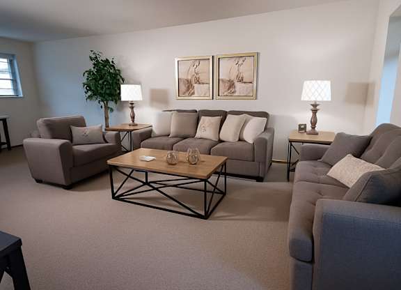 A spacious living room at Birchwood Apartments featuring matching gray sofas and an armchair with neutral pillows. Two framed artworks hang above the main couch, and end tables with lamps flank the seating. A wooden coffee table and a tall potted plant complete the warm, inviting space.