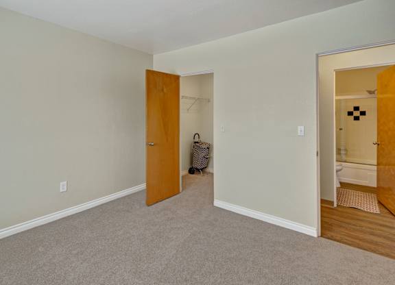 A cozy bedroom here at Century Plaza showcasing soft carpet flooring and light neutral walls for a warm, inviting feel. Two open doors reveal a walk-in closet with shelving and direct access to the bathroom with a tiled shower. The simple layout makes furniture placement easy and comfortable.