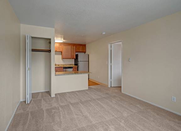 A bright, open living area here at Club at Eagle Pointe featuring plush carpet flooring, soft neutral walls, and an open sightline into the kitchen with warm wood cabinetry and a breakfast bar. An adjacent closet adds storage, while the layout offers flexible space for living and dining furniture with smooth flow throughout the apartment.