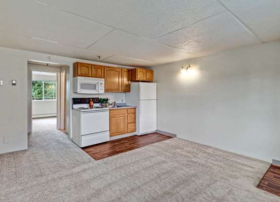A bright open living area here at College View featuring plush carpet flooring, neutral wall colors, and an efficient kitchen with warm wood cabinetry, white appliances, and easy-care vinyl flooring. The open layout provides flexibility for living and dining furniture, smooth flow between spaces, and a comfortable setting for everyday living.