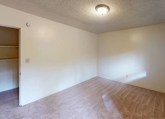 A bright bedroom here at Country Lane featuring neutral walls, soft carpet flooring, a large window providing natural light, baseboard heating, and a spacious layout with an open closet, offering a comfortable and versatile space for rest, storage, and everyday living.