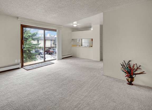 Bright living room here at Deer Park featuring plush wall-to-wall carpeting, neutral walls, and a sliding glass door leading to a private balcony with outdoor views. The open layout includes a passthrough to the kitchen, built-in shelving, and ample natural light creating an inviting, flexible space.