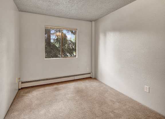 Bright bedroom here at Deer Park featuring soft carpet flooring, light neutral walls, and a centered window that brings in natural light and treetop views. The simple rectangular layout offers flexible furniture placement, with baseboard heating and an overhead light providing everyday comfort.