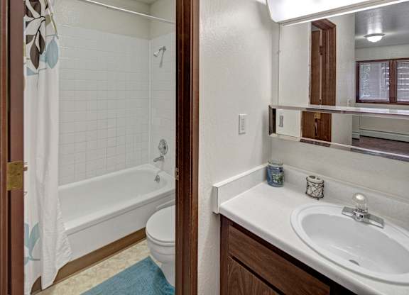 A functional bathroom here at Driftwood featuring a tub and shower combination with tiled surround, a patterned shower curtain, and warm wood-look flooring, paired with a single-sink vanity, ample counter space, wall-mounted mirror storage, and bright overhead lighting that creates a clean, practical space for daily routines.
