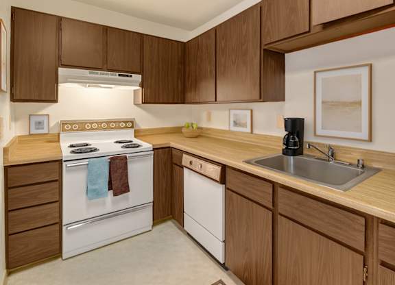 A functional kitchen here at Driftwood showcasing warm wood cabinetry, ample countertop space, a stainless sink, white electric range with vent hood, built-in dishwasher, neutral wall art, and simple decor accents that create a clean, practical layout ideal for everyday cooking and meal prep.