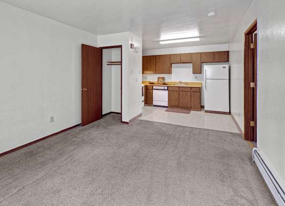 A spacious open living area here at Driftwood featuring soft neutral carpeting, light-colored walls, and an open layout that flows into the kitchen with warm wood cabinetry, ample counter space, and full-size appliances, creating a flexible and functional space ideal for everyday living and dining.