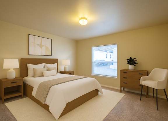 A cozy, well-lit bedroom here at Four Seasons featuring a modern wood bed frame with crisp white bedding, matching nightstands with soft table lamps, neutral wall art above the headboard, plush carpeting, a bright window for natural light, and a dresser with an accent chair creating a calm, inviting retreat.