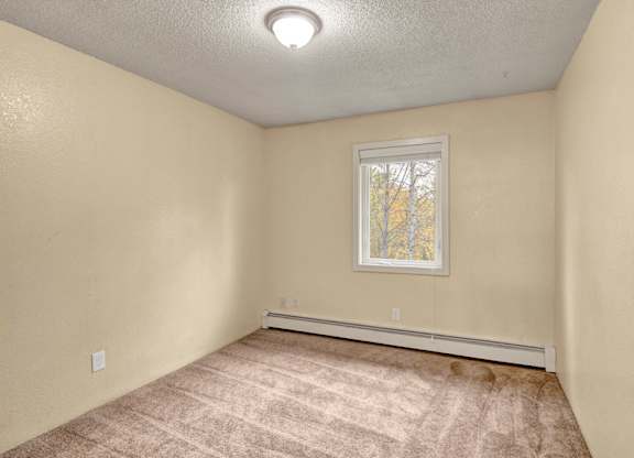 An open bedroom space here at Hillside Chalet with a centered window showcasing the autumn trees, and a soft and cozy carpeted flooring.