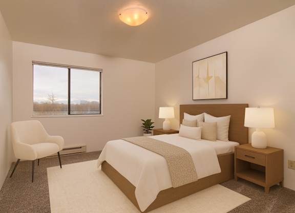 A bedroom with a large bed, a chair, and a window.