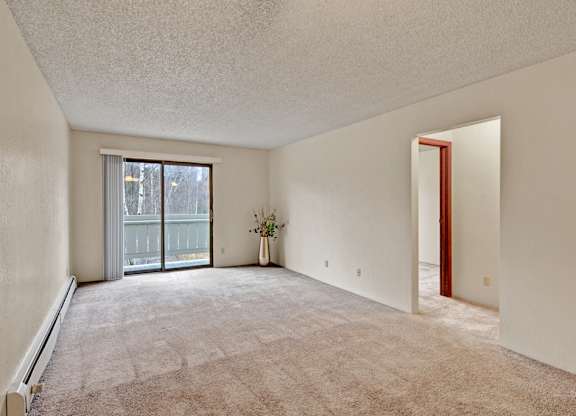 A spacious, empty living room here at Park Plaza with plush beige carpeting and soft off-white walls, featuring a sliding glass door with vertical blinds that opens to a private balcony and fills the room with natural light.
