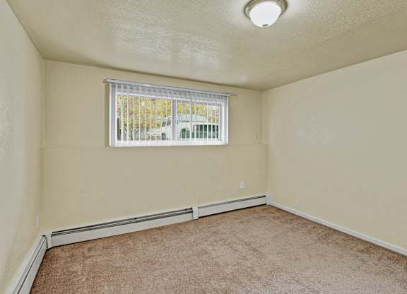 A room with a window and carpeted floor.