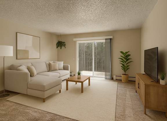 A living room with a white couch, a wooden coffee table, a flat screen TV, and a large window with a view of trees outside.