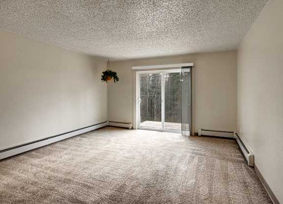 A room with a carpeted floor and a window with a view of trees outside.