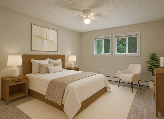 A bedroom with a large bed, a chair, and a plant.