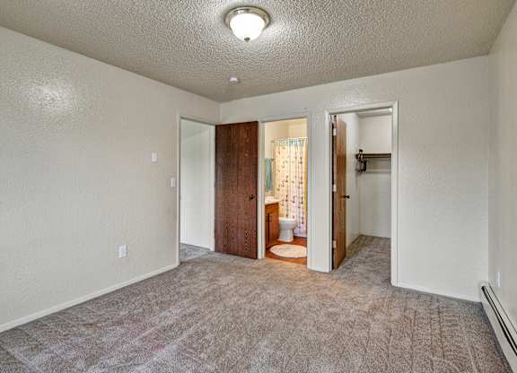 A room with a carpeted floor and a doorway leading to another room.