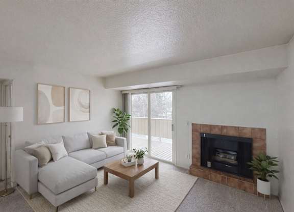 A cozy living room here at Russian Jack with a light gray sectional sofa, a wooden coffee table, and neutral wall art for a clean, modern feel.