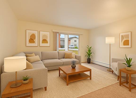 A cozy living room here at Strawberry Lane with warm beige carpet, soft neutral walls, and a bright, welcoming feel. A light gray sectional sofa and matching accent chair sit around a wooden coffee table on a textured rug, while a sliding glass door and simple wall art add natural light and a modern touch.