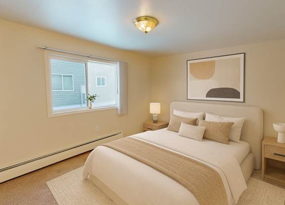 A bright bedroom at The Village at Calais featuring a bed with neutral bedding and layered throw pillows, matching wood nightstands with modern lamps, a light area rug, and abstract wall art above the headboard near a large window.