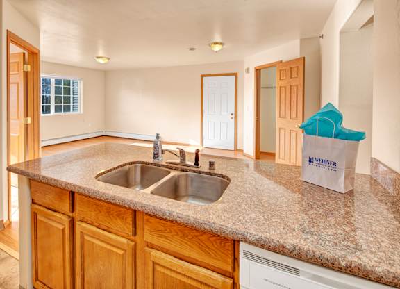 A bright kitchen here at Timber Ridge with warm wood cabinets, speckled granite-style countertops, and a double stainless steel sink, opening into a spacious living area with wood-style flooring and a large window for natural light.
