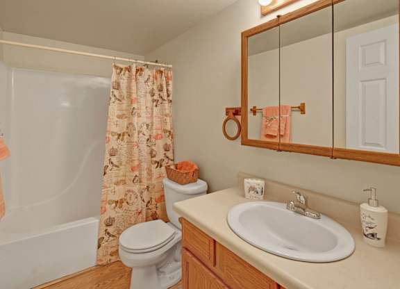 A well-kept bathroom here at Timber Ridge with a tub-shower combo, a patterned shower curtain, and a white toilet, featuring a wood vanity with a spacious countertop and a mirrored medicine cabinet for added storage.
