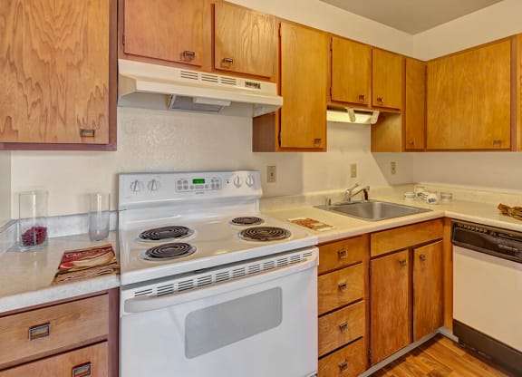 Cozy kitchen with wooden cabinets, white electric stove, and sink with overhead lights. Counters have a few decor items, creating a warm atmosphere. The Alaskan Apartments.