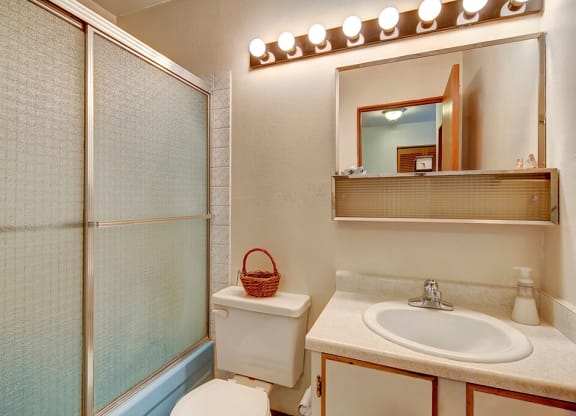 Compact bathroom with a glass shower door, white toilet, and beige countertop with a sink. A wicker basket is on the toilet tank and bright lights above a mirror. The Alaskan Apartments.