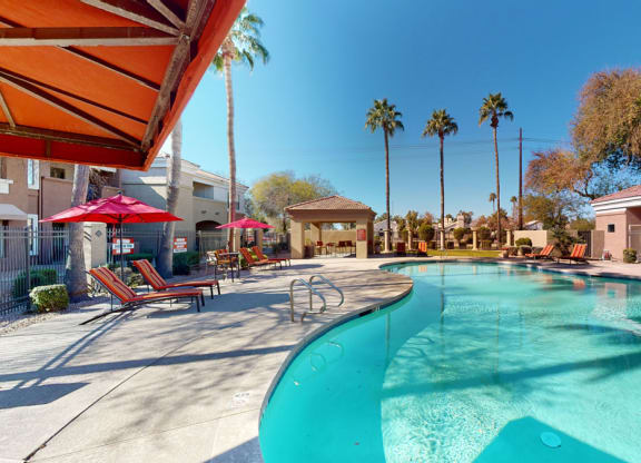 A sunny pool area here at Dobson Towne Centre Apartments with clear blue water, surrounded by lounge chairs under red umbrellas. Palm trees line the background against a clear blue sky.