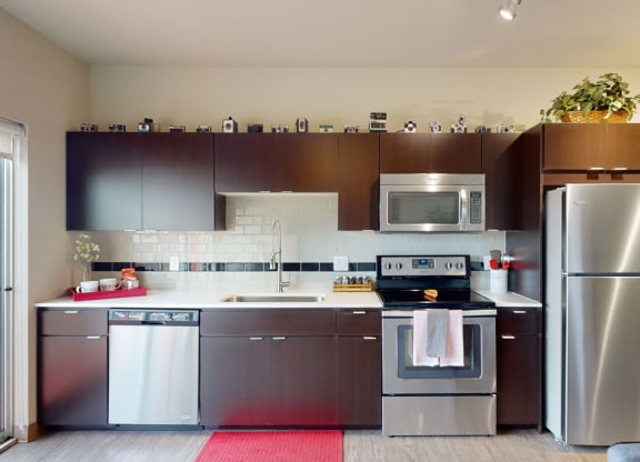 Modern kitchen here at Proxy 333 Apartments with dark wood cabinets, stainless steel appliances, and a white tile backsplash. A plant and vintage cameras adorn the upper cabinets, adding a cozy touch. Bright, natural light enters from the left.