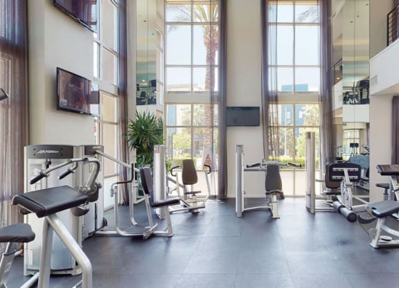 Bright, modern gym here at Artisan at Main Street Metro Apartments with large windows, featuring various exercise machines like leg presses and cable stations. Neutral tones create a calm atmosphere.