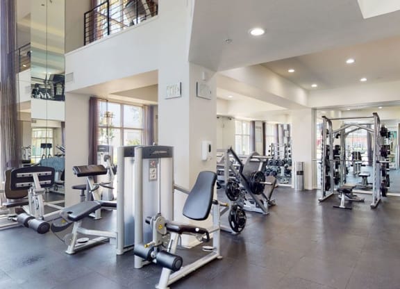 Modern gym here at Artisan at Main Street Metro Apartments with weight machines, free weights, and a Smith machine on a dark floor. Bright lighting and large mirrors create an airy, spacious feel.